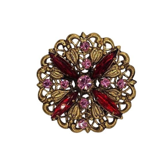 Vintage Austrian Filigree Brooch with Pink & Red Rhinestones, Signed Made in Aus - Picture 2 of 13